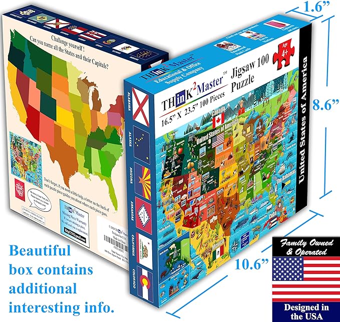 Think2Master Colorful United States Map 100 Pieces Jigsaw Puzzle Fun Educational Toy for Kids, Adults, School & Families. Great Gift for Boys & Girls Ages 4-8 to for Learning USA.23.4” X 16.5”