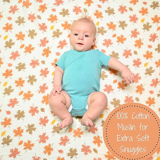 LollyBanks Baby Swaddle Blanket, 100% Cotton Muslin Blanket for Boys and Girls, 47 x 47 Inches Soft and Breathable Newborn Swaddle, Gentle Infant Blanket, Baby Essentials, Registry (Fall Leaves Print)