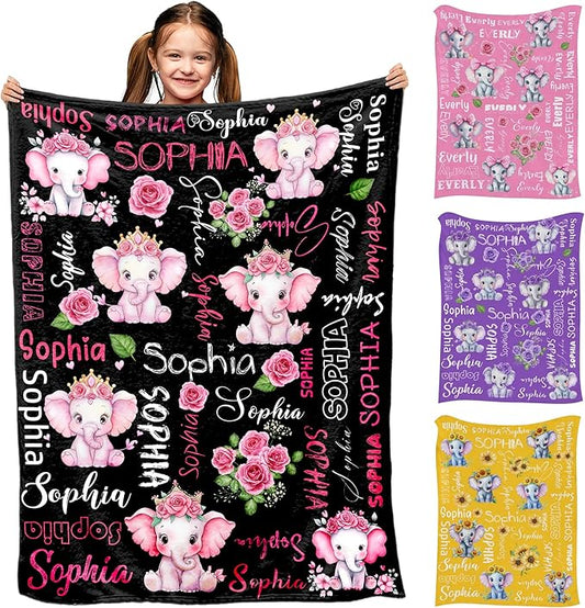 Custom Name Blanket for Baby Girls Boys, Cute Elephant & Flower Pattern Blanket for Newborn New Mom, Ultra-Soft Cozy Fleece Blankets for Baby Shower Kids Toddlers, Gifts for Boys & Girls Kids Teens