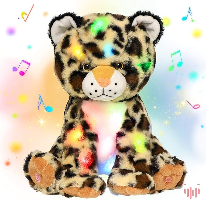 Hopearl LED Musical Plush Leopard Lighting Up Cheetah Stuffed Animal Panther Floppy Night Lights Glow in The Dark Birthday Festival for Kids Toddlers Boys, 11''