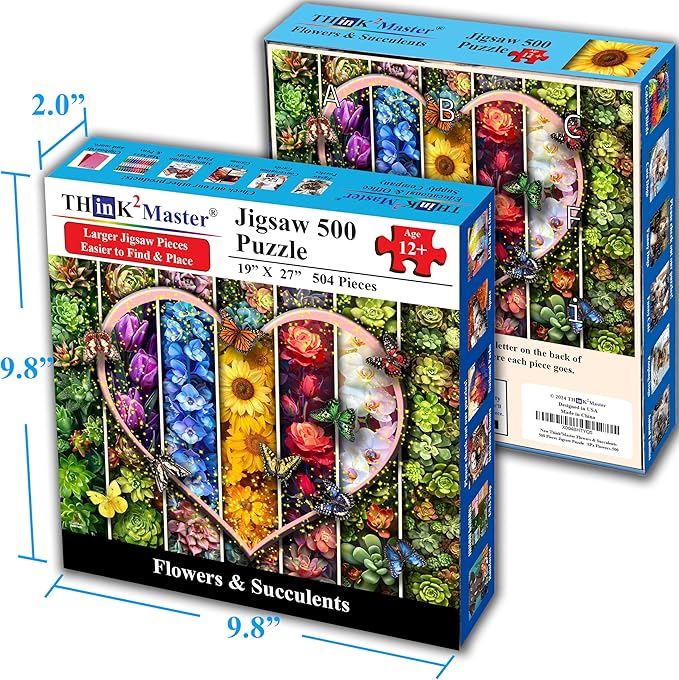 Think2Master Colorful Flowers Succulents & Butterflies 500 Pieces Large Format Jigsaw Puzzle for Kids 12+, Teens, Adults & Families. Beautiful Vibrant Heart Valentine's Day Illustration 26.8” X 18.9”