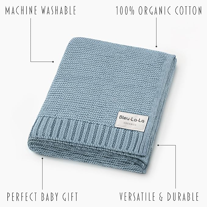 Organic Cotton Heritage Knit Receiving Blanket for Boys - 100% Luxury Soft Organic Cotton - Warm Cozy Swaddle Cuddle Blanket for Newborns Infants & Toddlers (0-2Yrs - Sky Blue)
