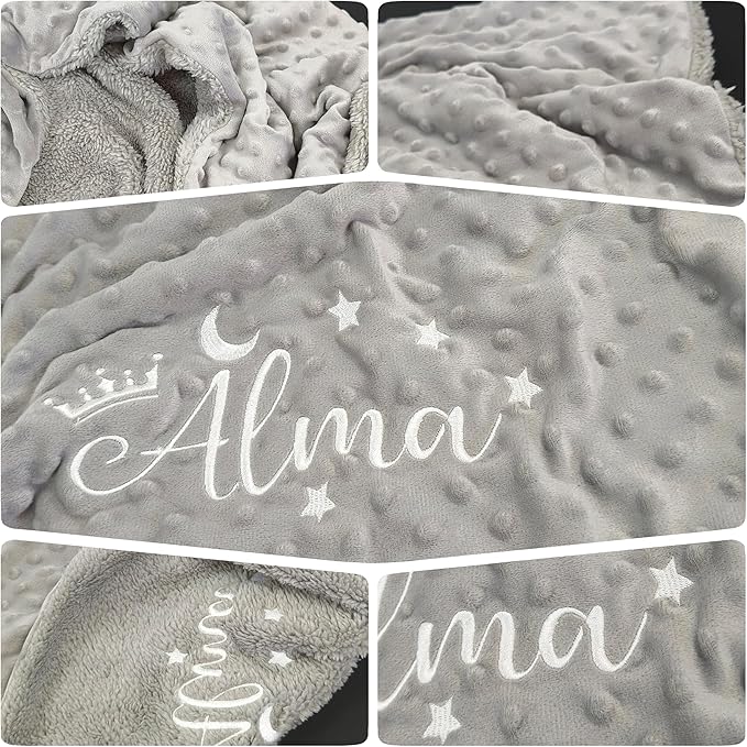 Personalized Baby Blanket, Custom Embroidered Blanket with Name, Newborn Baby Gifts, Customized Baby Nursery Bed Blankets, Soft Minky Fleece Crib Blankets for Toddlers, 27 * 35 inch-Grey