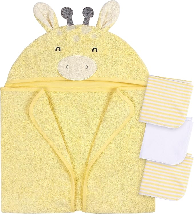 Gerber Baby 4 Piece Animal Character Hooded Towel and Washcloth Set, Yellow Giraffe, One Size