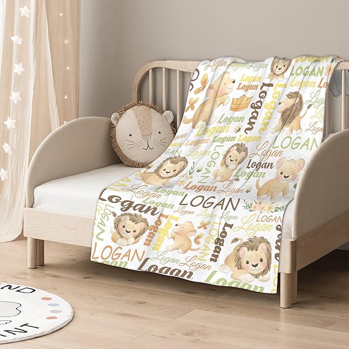 Personalized Baby Blanket for Girls Boys Lion Custom Baby Blanket with Name Swaddle Blanket for Toddlers Infants Kids Shower Newborns Nursery Stroller Crib Decor Throw Birthday Gift