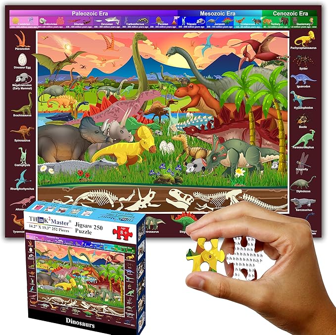 Think2Master Colorful Dinosaurs 250 Pieces Jigsaw Puzzle Fun Educational Toy for Kids, School & Families. Great Gift for Boys & Girls Ages 8+ to Stimulate Learning. Size: 14.2” X 19.3””