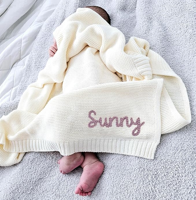 NAZENTI Personalized Hand Embroidered Baby Knit Blanket, Custom Baby Name, Newborn Baby Gifts, Cotton Knit Stroller Blanket, Custom Gifts for Birthday Baby Boys Baby Girls #09