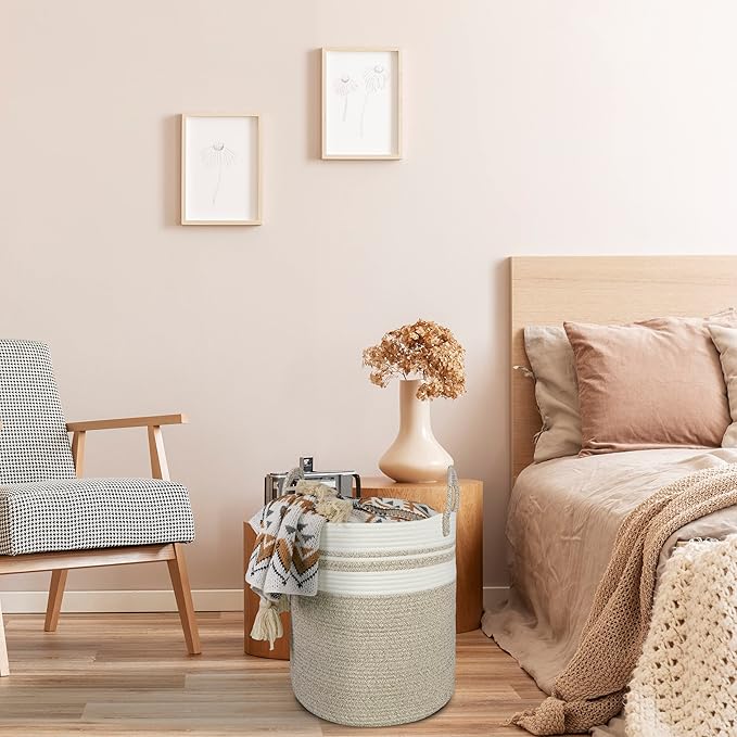 Cotton Rope Laundry Basket Hamper for Clothes Woven Storage Basket for Living Room Bedroom Boho Tall Rope Baskets for Blanket Toys Pillow Towels Baby Nursery Hamper Bin Large brown and white