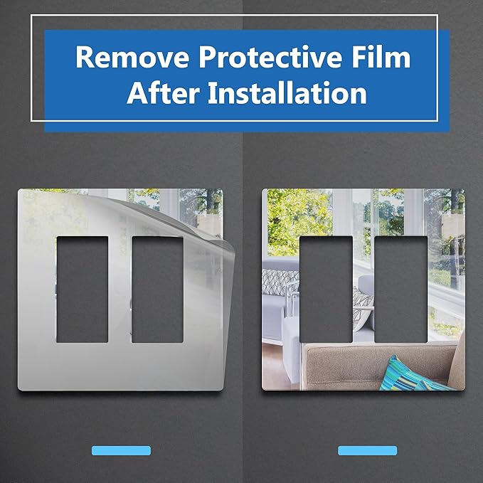 LIDER Double Decorator Wall Plate, Impact Resistant, Mirrored Acrylic, Plexiglass, Reflective Finish, Modern Upgrade, Screwless Light Switch/Outlet Cover Mid-Size 2-Gang 4.88" x 4.92 Silver