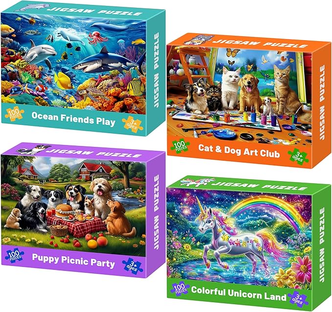 100 Piece Puzzles for Kids Ages 4-6, 4 in 1 Jigsaw Puzzles for Kids Ages 6-8, Sea World Cats Dogs Unicorn Learning Educational Children Puzzles 5-8 for Boys and Girls