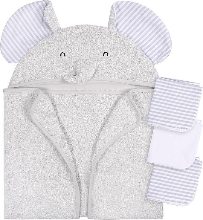 Gerber Baby 4 Piece Animal Character Hooded Towel and Washcloth Set, Grey Elephant, One Size
