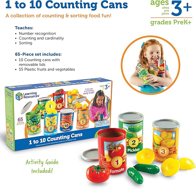 Learning Resources One To Ten Counting Cans - 65 Pieces, Ages 3+ Toddler Learning Toys, Preschool Pretend Play Toys, Supermarket Toys