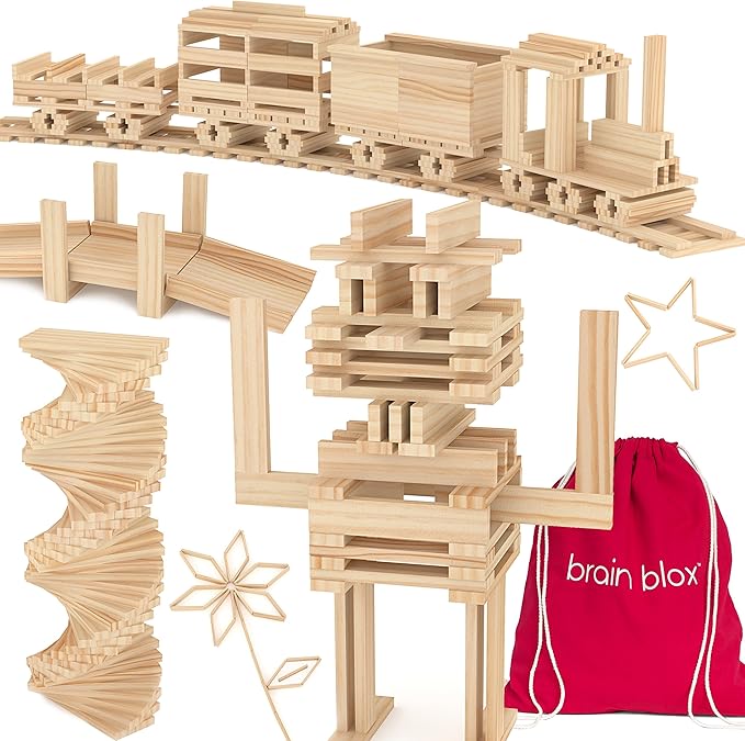 Natural Wooden Blocks for Kids Ages 4-8 - Montessori Blocks for Hands-on Learning - STEM and Architecture for Kids (300 Building Blocks)