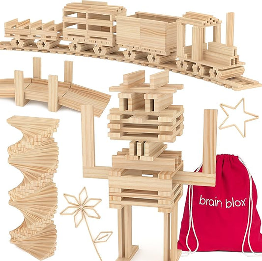 Natural Wooden Blocks for Kids Ages 4-8 - Montessori Blocks for Hands-on Learning - STEM and Architecture for Kids (300 Building Blocks)