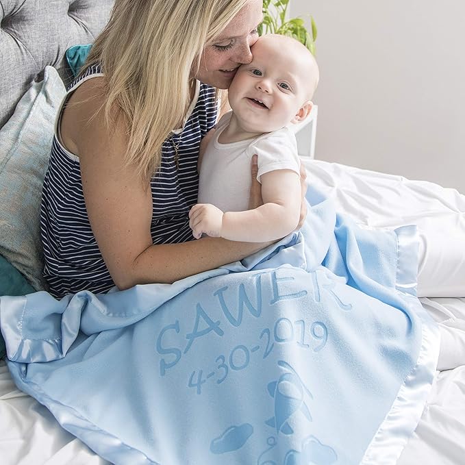 Custom Catch Ships Next Day from Vermont - Personalized Airplane Baby Blanket - Boy Name Gift - Blue or Pink (2 Text Lines)