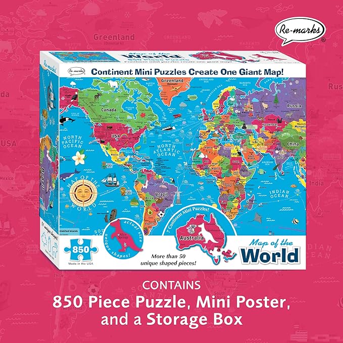 Re-marks Map of The World Deluxe Jigsaw Puzzle with Whimsy Pieces