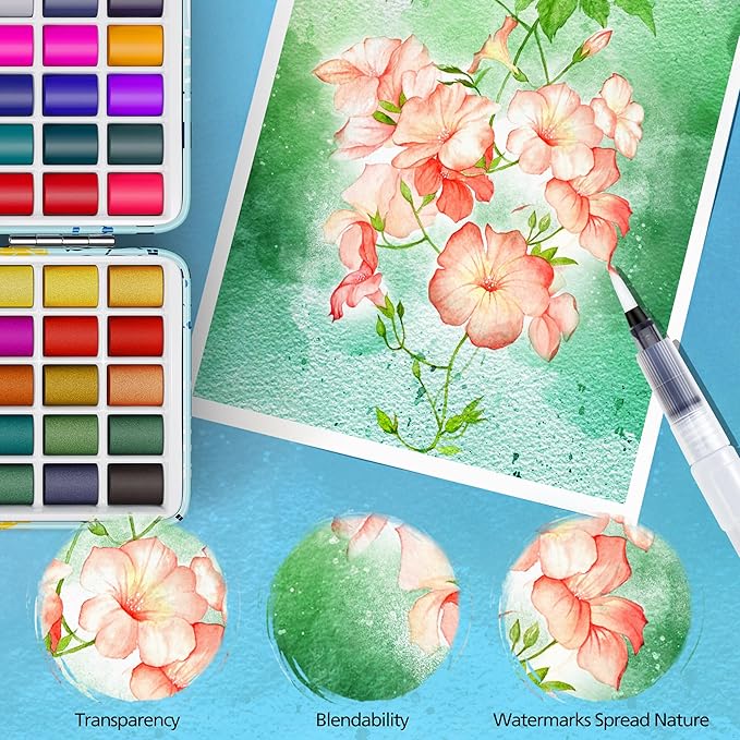 100 Colors Watercolor Paint Set with 4 Brushes, Portable Travel Water Color Kit with Carrying Case, Palette and Accessories, Non-Toxic Art Supplies Gift for Artists Adult Teen Kids Girls