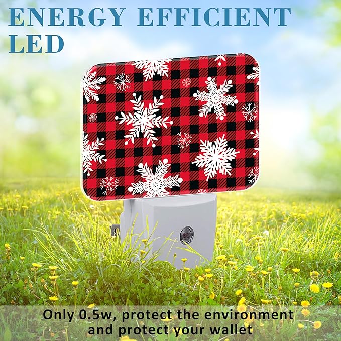 Christmas Snowflakes Night Light, Christmas Red Plaid Nightlight Plug into Wall with Dusk to Dawn Sensor for Kid Girls Boys Women Men Bedroom, Hallway, Kitchen, Bathroom, Stairs Decor