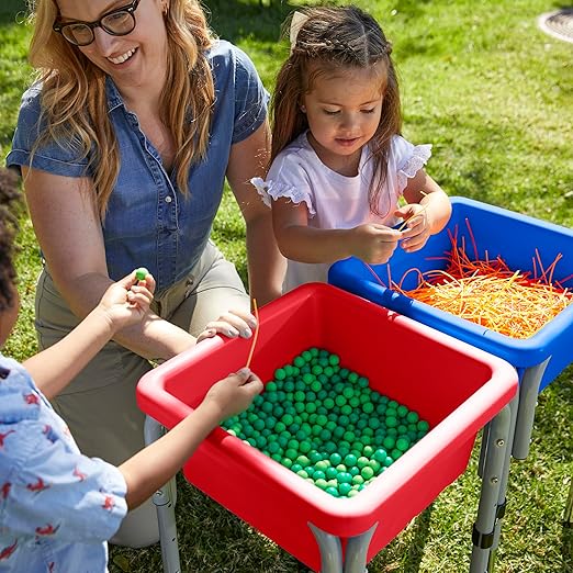 ECR4Kids 2-Station Sand and Water Adjustable Play Table, Sensory Bins, Blue/Red