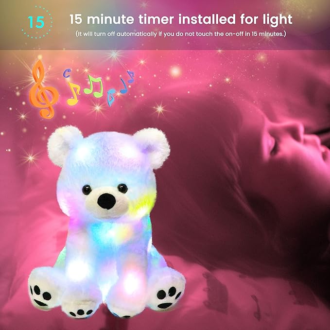 Hopearl LED Musical Stuffed Polar Bear Lighting Up Singing Plush Toy Adjustable Volume Lullaby Animated Soothe Birthday Festival for Kids Toddler Girls, White, 11''
