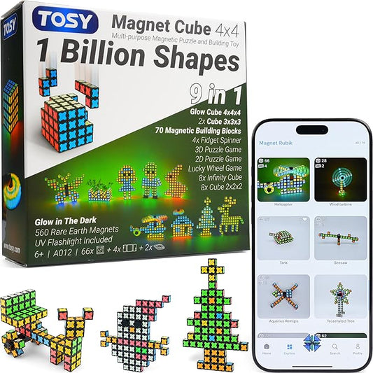 TOSY Magnet Cube 4x4 - 70 Blocks, 560 Magnets, Multipurpose: Creative Building Blocks, Transformable Fidget Spinner, Puzzle/Infinity Cube, Christmas Stocking Stuffers Gift for Kids, Glowing STEM Toy