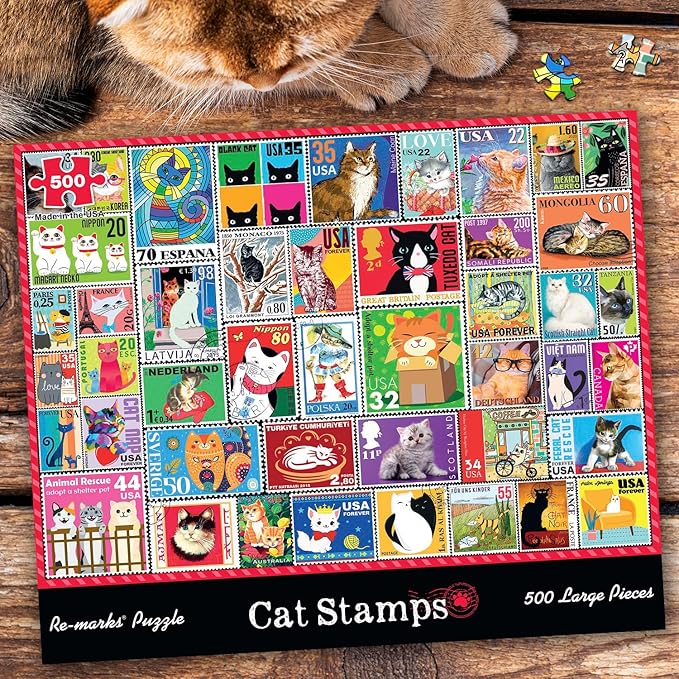 Re-marks Cat Stamps Collage Puzzle, 500 Large Piece Jigsaw Puzzle for All Ages