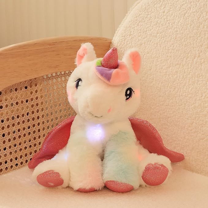 Hopearl Adorable LED Plush Unicorn Lighting Up Cute Stuffed Animal Floppy Night Lights Glow in The Dark Birthday Festival for Kids Toddler Girls, White, 11''