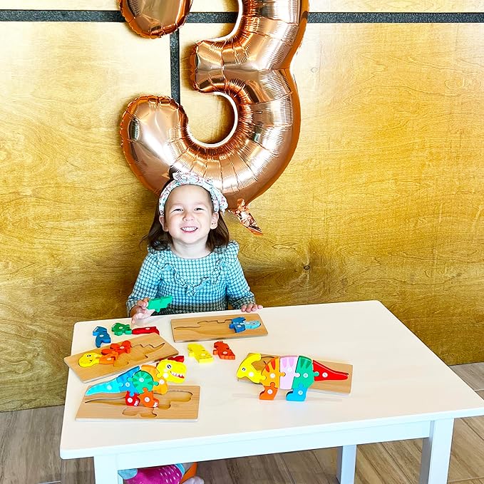 MONTESSORI MAMA Toddler Puzzles for Kids Ages 3-5 Dinosaur Puzzle 5-Pack, Montessori Toys for 3 Year Olds, Toddler Toys Age 2-4 Gifts for 3 Year Old Boys Girls, Wooden Puzzles for Toddlers