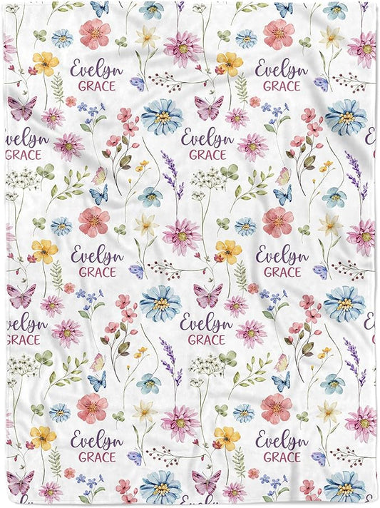 MDPrints Wildflower Custom Baby Blankets for Girls, Personalized Baby Gifts, Customized Newborn Blanket with Name, Minky Plush Fleece (Wildflower TM37)