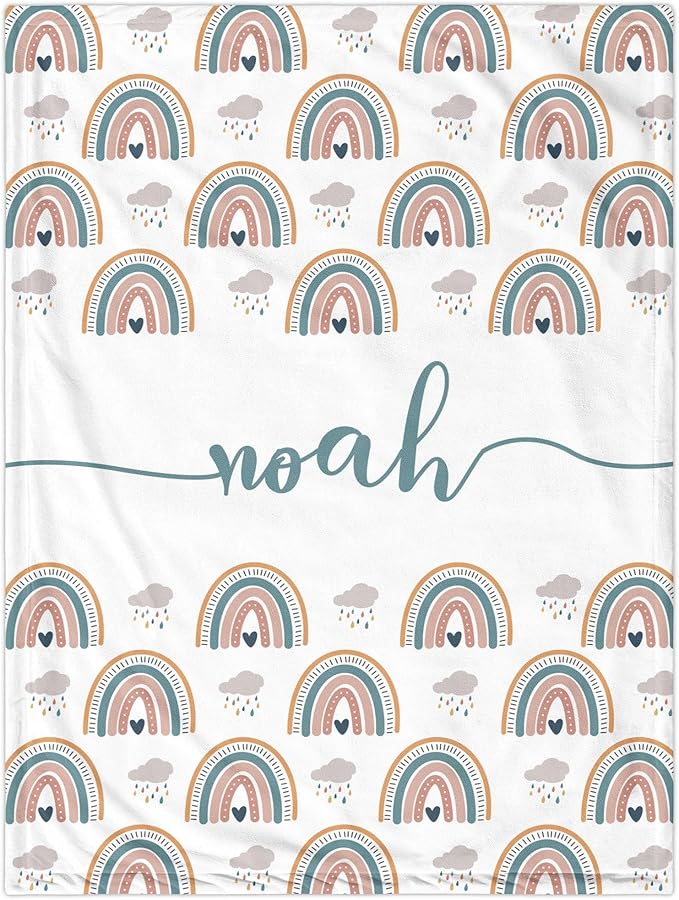 Custom Baby Name Blanket, Personalized Baby Blanket with Boho Rainbow and Hearts, Customized Shower Gift for Girls, Christmas Birthday Expecting Mom Gift for Baby Girls