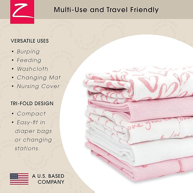 Zutano 5-Pack Organic Burp Cloths for Baby Girl & Boy, Large Cotton Burping Cloths for Babies | Absorbent Baby Spit-Up Rags | Gender Neutral Burp Clothes | Newborn Essentials, Pink Hearts