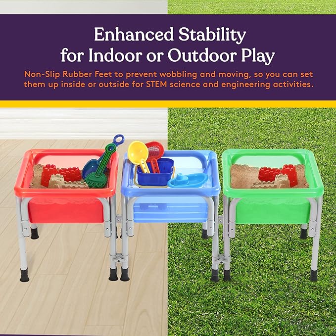 Special Supplies Sensory Activity Table for Kids and Toddlers -with Plastic Buckets and Beach Toys for Interactive Learning - Water, Sand, and STEM Play (Three Buckets - Green + Blue + Red)