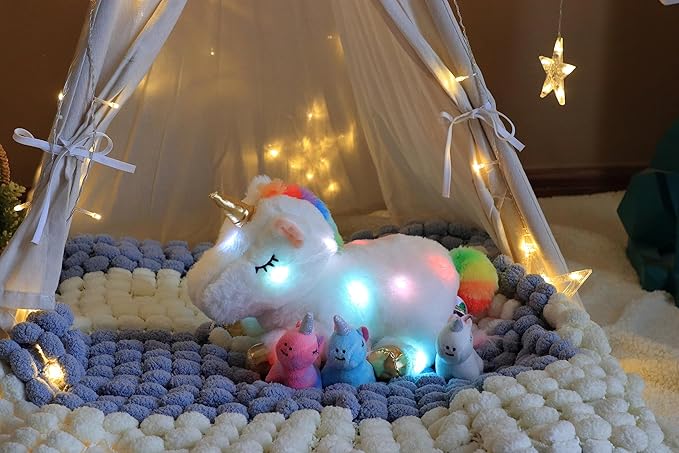 Hopearl LED Musical Stuffed Unicorn Playset Lighting Up Singing Plush Toy Mommy Unicorn with 3 Baby Unicorns in her Tummy Adjustable Volume Lullaby Animated Soothe Gifts for Kids Girls, White, 19''