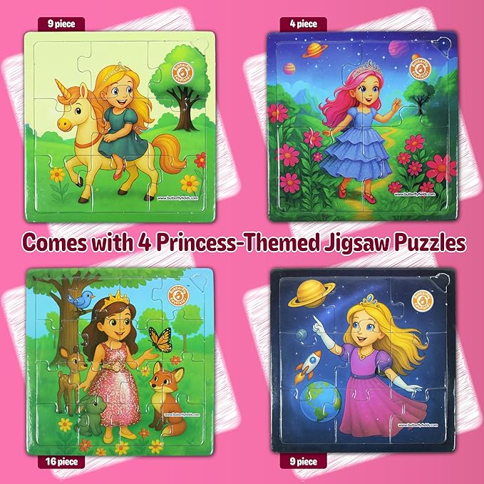 Butterfly EduFields 4-in-1 Princess ‍ & Unicorn Jigsaw Puzzles for Girls | 38 Pcs Puzzle Toy for Kids Age 3 4 5 6 7 Years | Preschool Learning with Coloring Sheets | Birthday Gift for Girls
