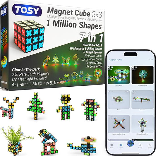 TOSY Magnet Cube 3x3 - 30 Blocks, 240 Magnets, Multipurpose: Creative Building Blocks, Transformable Fidget Spinner, Puzzle/Infinity Cube, Christmas Stocking Stuffers Gift for Kids, Glowing STEM Toy