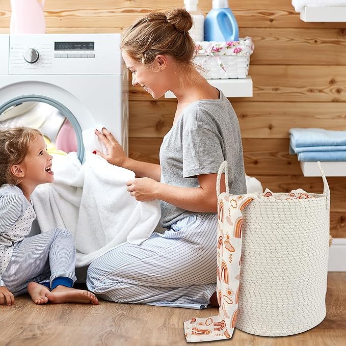 Cotton Rope Laundry Basket Hamper for Clothes Woven Storage Basket for Living Room Bedroom Boho Tall Rope Baskets for Blanket Toys Pillow Towels Baby Nursery Hamper Bin striped