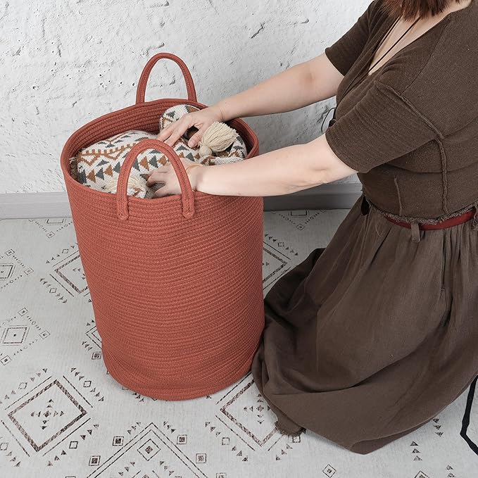 Cotton Rope Laundry Basket Hamper for Clothes Woven Storage Basket for Living Room Bedroom Boho Tall Rope Baskets for Blanket Toys Pillow Towels Baby Nursery Hamper Bin Large rustic