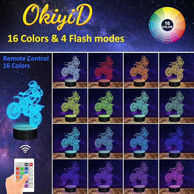 Dirt Bike Gifts for Boy, 3D Illusion Lamp, 3D Dirt Bike Night Light with 16 Colors Remote and Touch Control, Motor Bike Decor for Kids Room, Girls Birthday Gifts