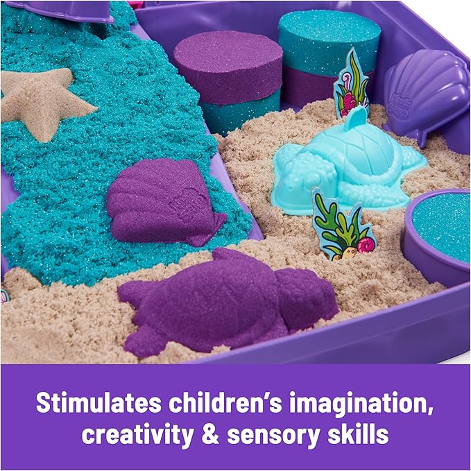 Kinetic Sand, Mermaid Palace Playset Folding Sandbox with 2.06lbs Play Sand (Neon Purple, Shimmer Teal & Beach), Tools, Sensory Toys, Holiday Gifts & Stocking Stuffers for Kids Ages 3 and up