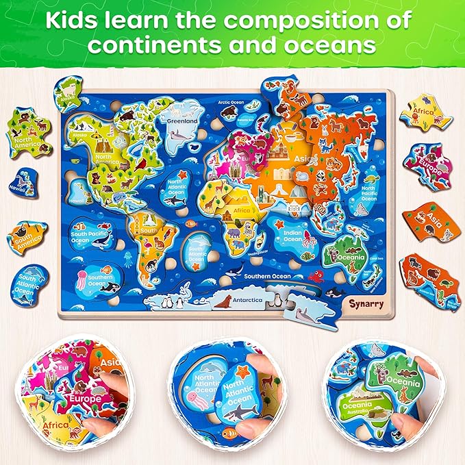 SYNARRY Large USA World Wooden Puzzles for Kids Ages 4-6, Learning United States World Maps Puzles for Kids Ages 6-8, Wood Jigsaw Puzzles Educational Games Toys Gifts for Boys Girls Ages 3-8