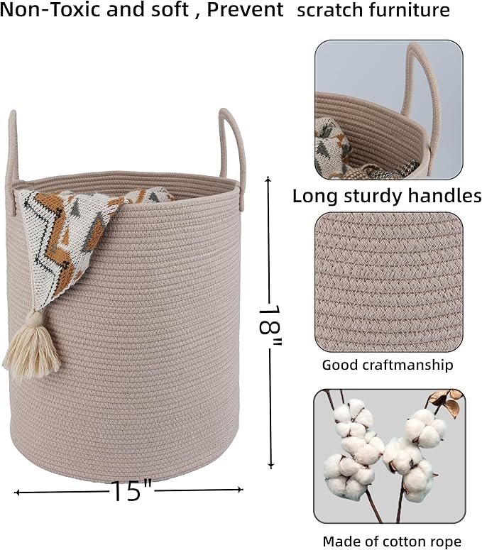 Cotton Rope Laundry Basket Hamper for Clothes Woven Storage Basket for Living Room Bedroom Boho Tall Rope Baskets for Blanket Toys Pillow Towels Baby Nursery Hamper Bin Konjac