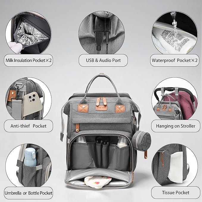 Diaper Bag Backpack with Changing Station, Multifunction Travel Baby Bag, Waterproof Baby Tote, Large Capacity Mommy Bag, Newborn Essentials Backpack Bag, Unisex, Gray