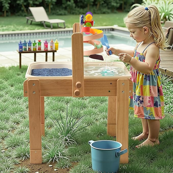 bopoobo Sand and Water Table for Toddlers, 4 in 1 Kids Wooden Sensory Activity Table with 2 Storage Bins, Painting Acrylic Board, Slide Track Toy & Windmill Suction Cups Toy, Beach Accessories