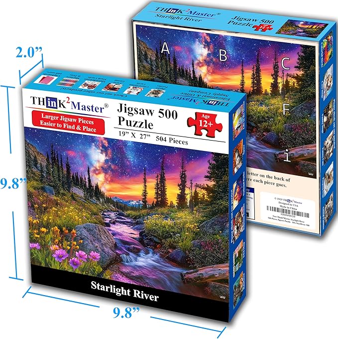 Think2Master Starry Mountain River 500 Pieces Large Format Jigsaw Puzzle: Kids 12+, Teens, Adults & Families.Vibrant Starry Night & Milkyway Landscape with Flowers. Great Gift. Size: 26.8” X 18.9”
