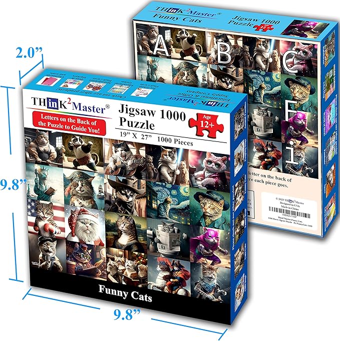 Think2Master Funny Cats 1000 Pieces Jigsaw Puzzle Featuring heartwarming Kittens and Cats. Fun for Teens, Seniors & Families. Great Gift for Kids Ages 13+ Size: 26.8” x 18.9”