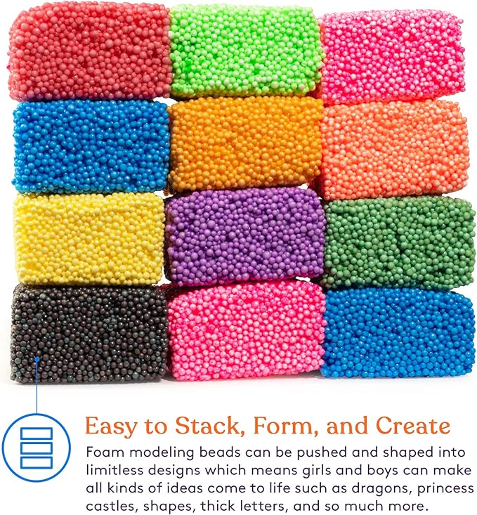 Special Supplies Fun Foam Modeling Foam Beads Play Kit, 12 Blocks Children’s Educational Clay for Arts Crafts Kindergarten, Preschool Kids Toys Develop Creativity, Motor Skills, Reusable Container