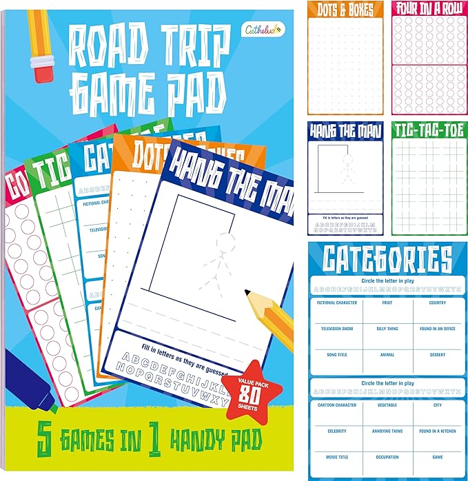 Road Trip Game Pad, 80 Perforated Sheets Travel Activity Pad, 5 Games in 1 Pad, Plane, Car Trip Activity, Pen Pencil & Paper Game for Kids, Adults (6” x 9”)