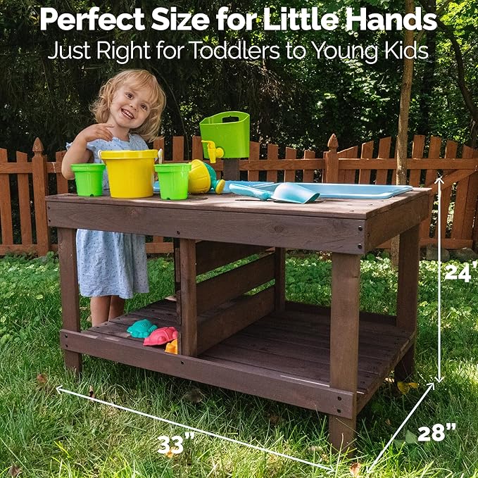 WONKAWOO Sand and Water Table for Toddlers | Outdoor Wooden Sensory Sand Table with 2 Plastic Bins, Built-in Water Tap and Beach Toys Included | Sand & Splash Oasis™ Standing Play Activity Table