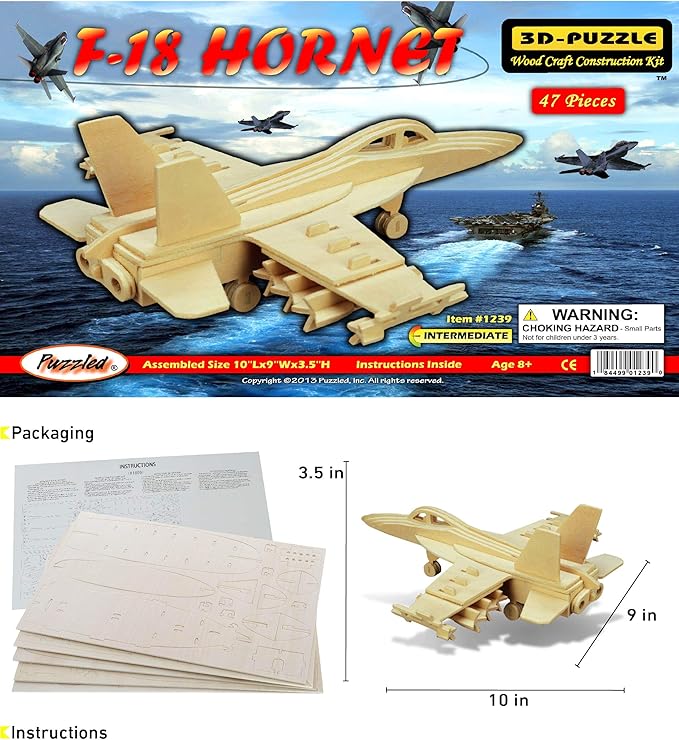 Puzzled F-18 Hornet 3D Puzzle Airplane Model Wood Building Kit - 3D Model Airplane Building Kit for Kids and Adults, Fun Educational Model Plane Kit to Paint and Build Craft 3D Model Kit - 47 Pieces