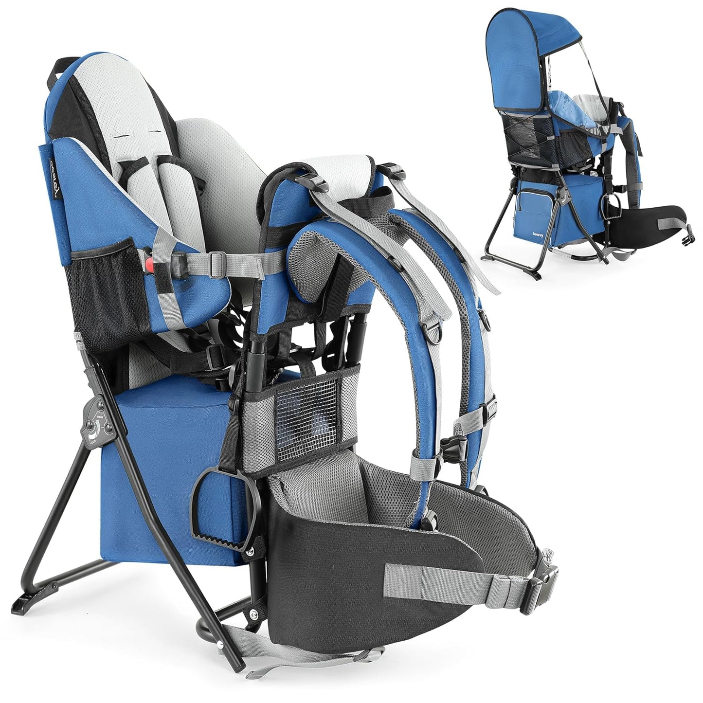 besrey Baby Backpack Carrier, Toddler Hiking Backpack with Safety 3-Height Seat, Adjustable Straps&Waist Belt, Foldable Frame Lightweight Large Capacity Child Carrier for Hiking (Klevin Blue)